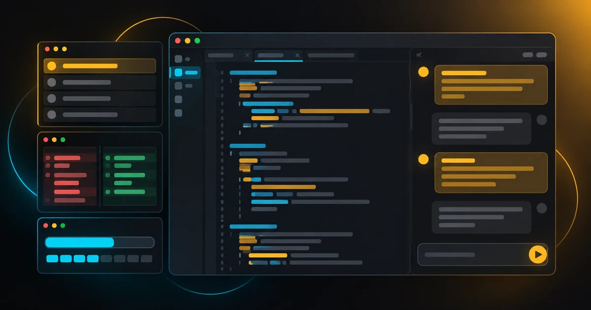 An editor window with an AI chat panel on one side and a sidebar of small extension panels: a session list, a diff view and a quota meter.