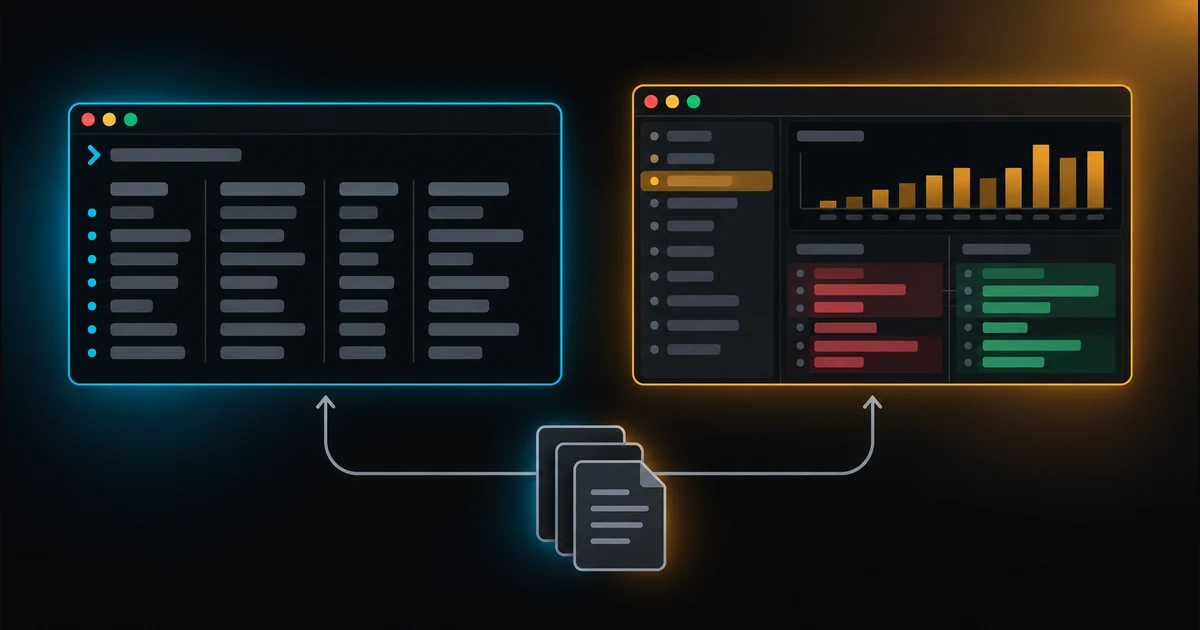 A terminal window with a usage table on the left and an editor window with a session list, chart and diff on the right, both reading the same stack of session files.
