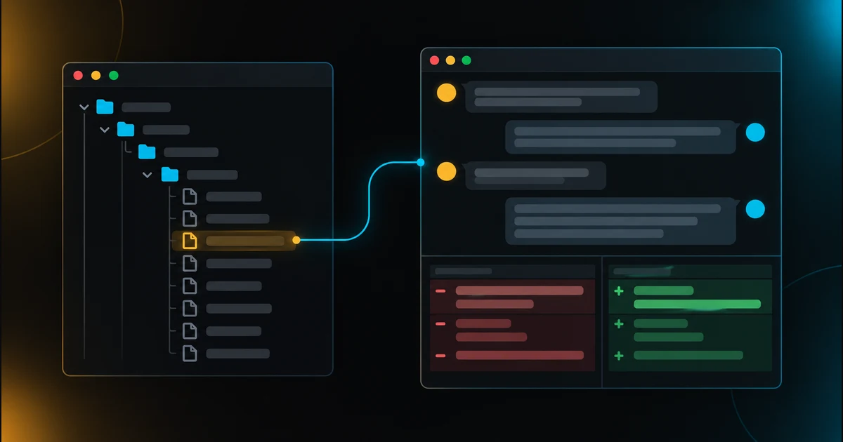 A terminal listing dated session files beside an editor that shows one of those sessions as a readable conversation with a diff.