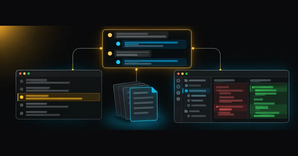 A terminal session list, a stack of session files and an editor side panel all pointing back to one earlier conversation.