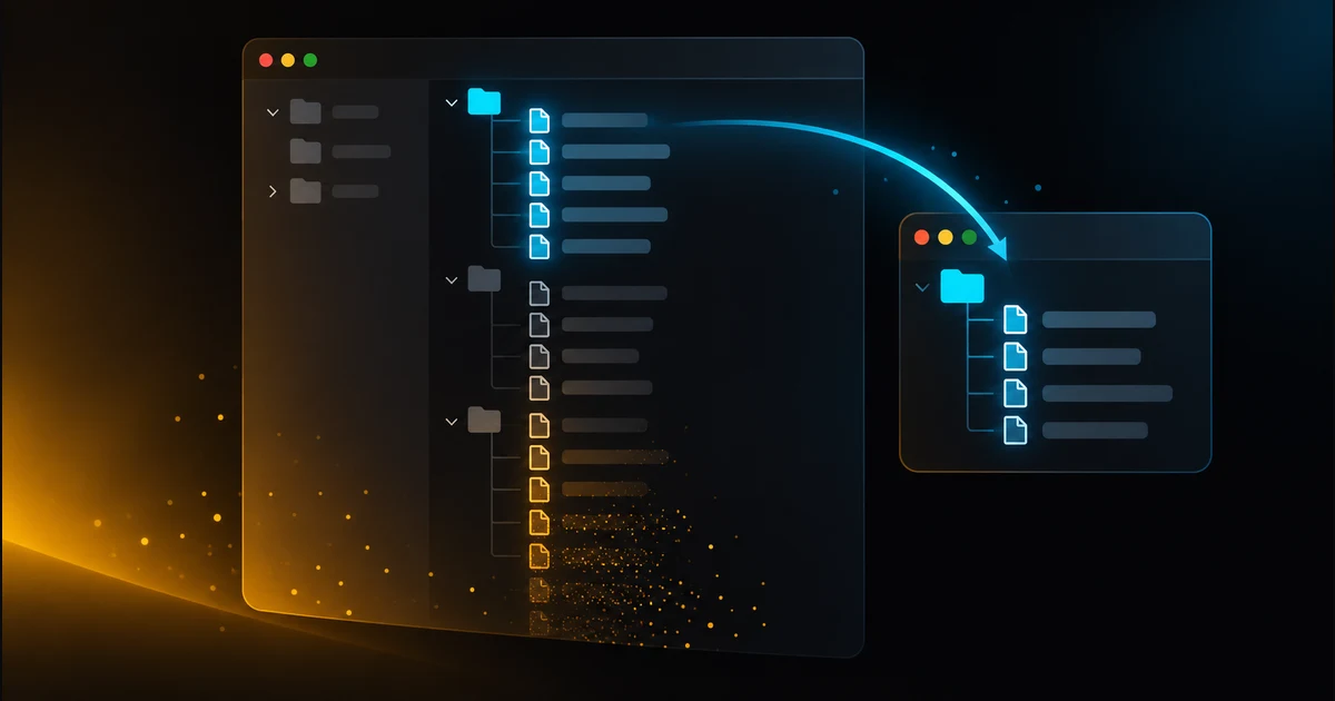 A file tree of session files in a dark editor window, with the older files at the bottom fading away while the newest stay bright.